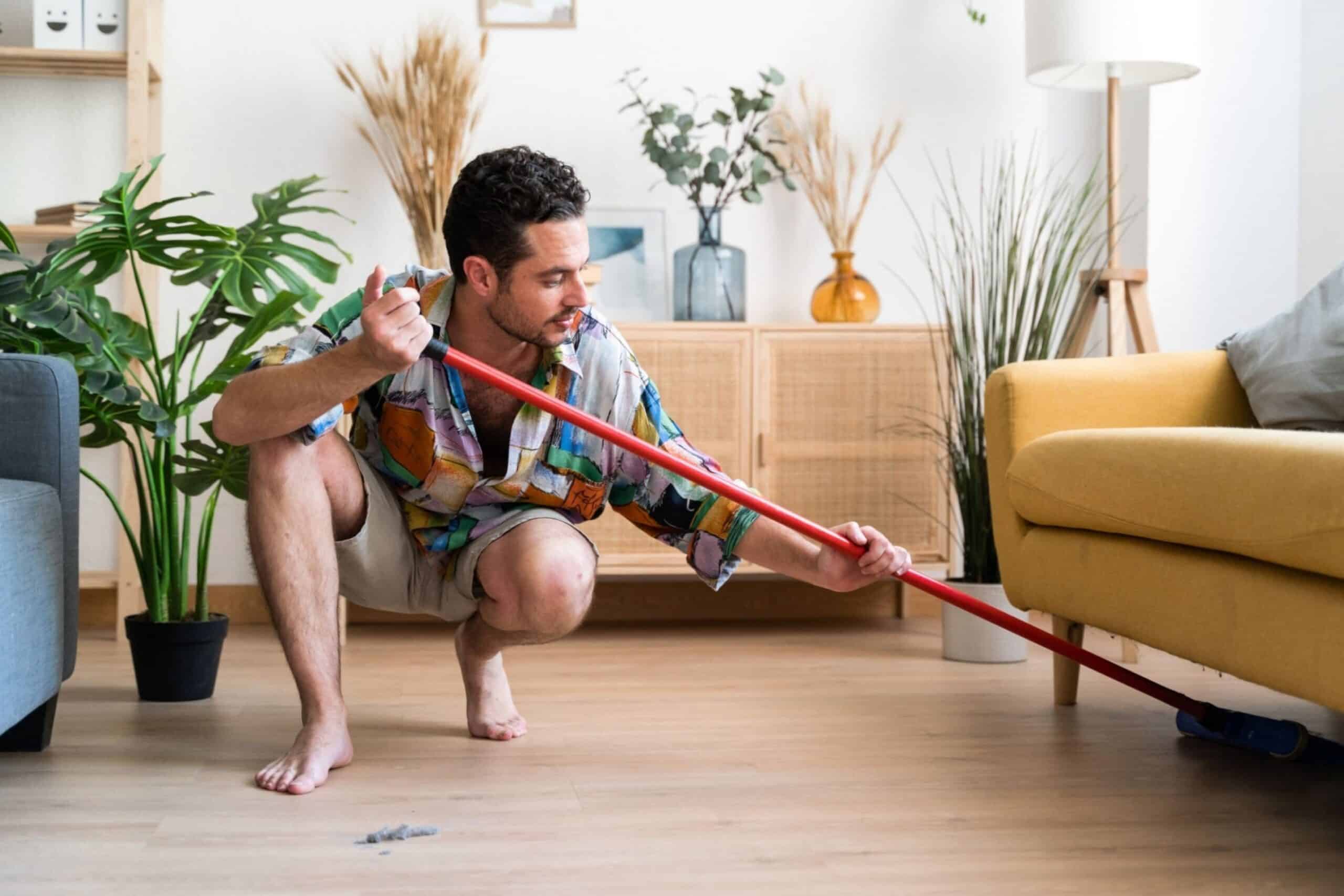 Man cleaning the floor with broom