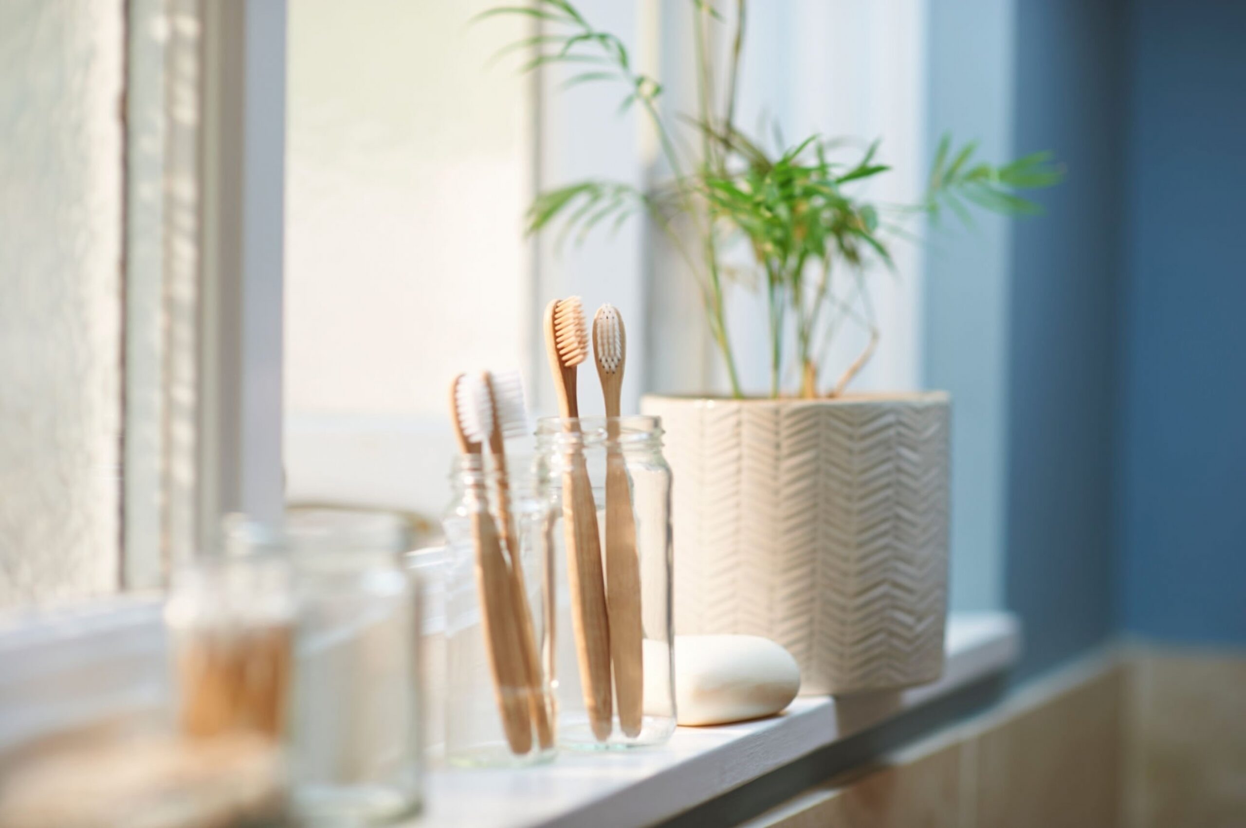 Zero waste plastic free products on bathroom window sill